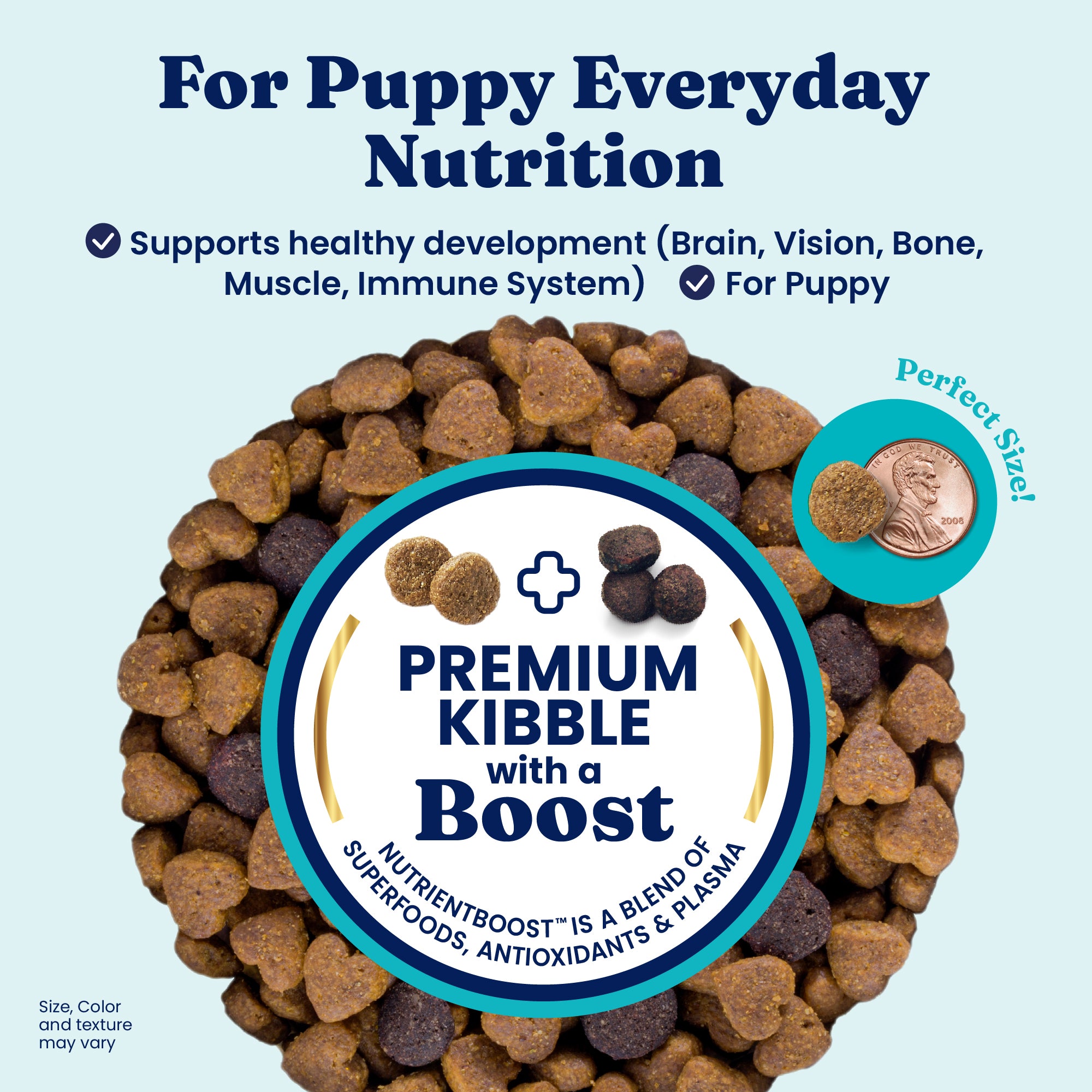 Dry puppy food kibble in various shapes and colors, with a coin for size reference and nutritional information displayed.