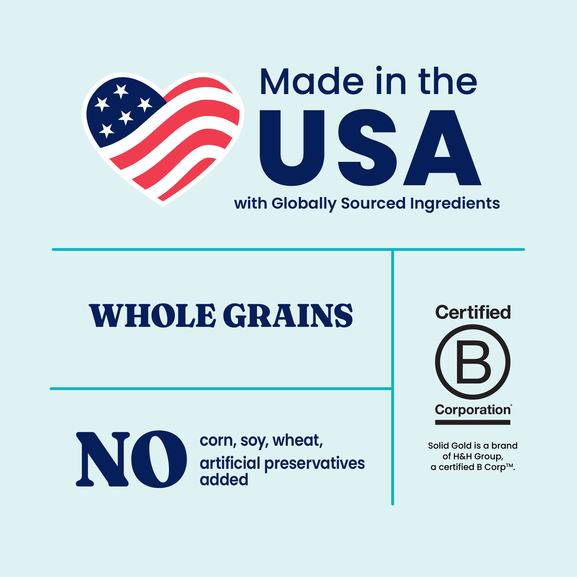 Label displaying "Made in the USA," "Whole Grains," and "No corn, soy, wheat, artificial preservatives added."