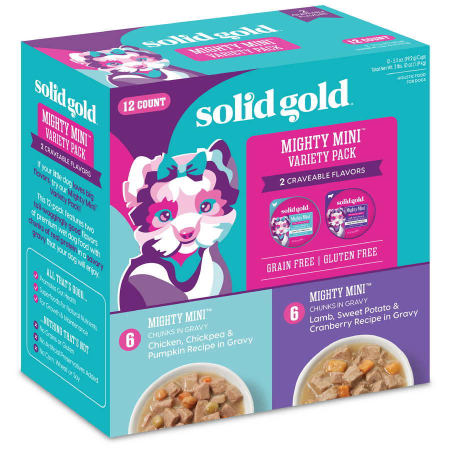 Packaged box of wet dog food featuring two flavors for small dogs, with illustrations and nutritional information.