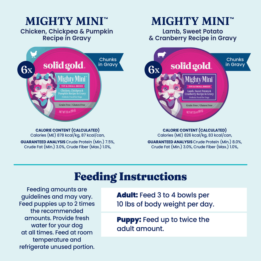 Two wet food varieties for small dogs, featuring Chicken, Chickpea & Pumpkin and Lamb, Sweet Potato & Cranberry recipes.