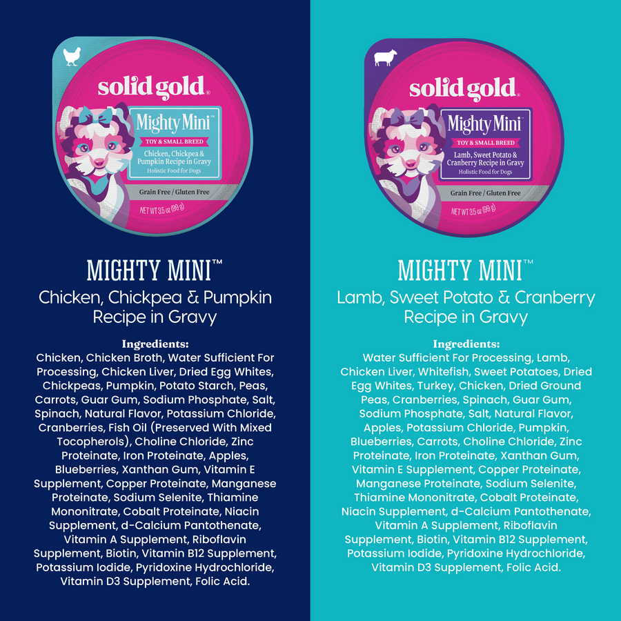 Two cans of wet dog food for small breeds, featuring chicken with chickpea and pumpkin, and lamb with sweet potato and cranbe