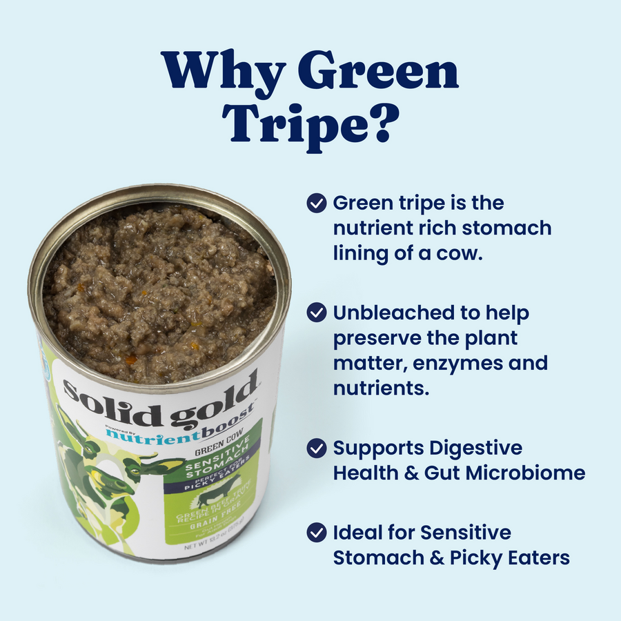 Canned wet dog food with green tripe, designed for sensitive stomachs and picky eaters.