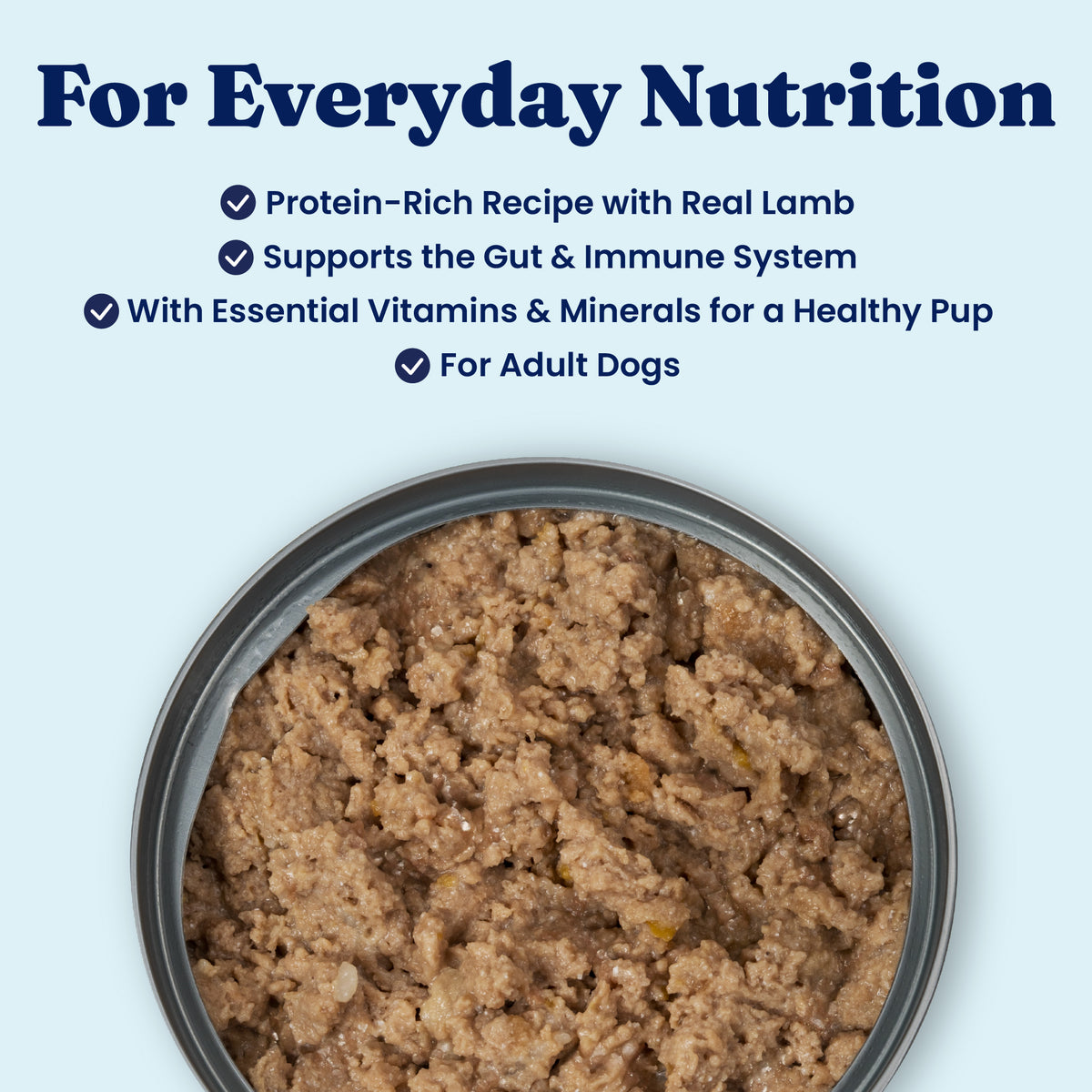 Wet dog food in a metal can, featuring a protein-rich lamb recipe with a soft, chunky texture.
