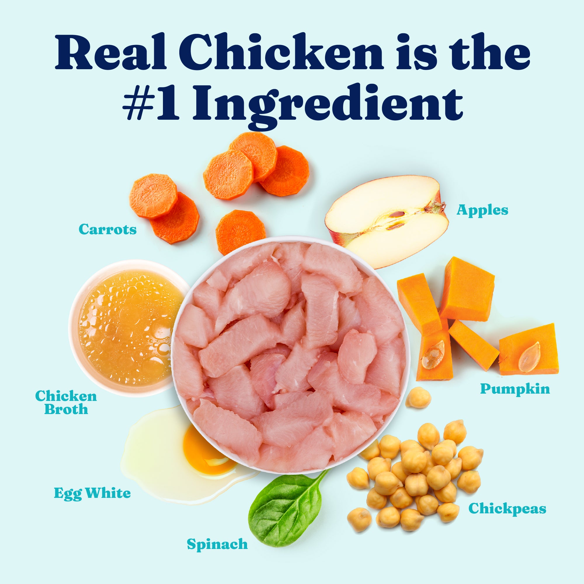 Ingredients include chicken, carrots, apples, pumpkin, chickpeas, spinach, egg white, and chicken broth.