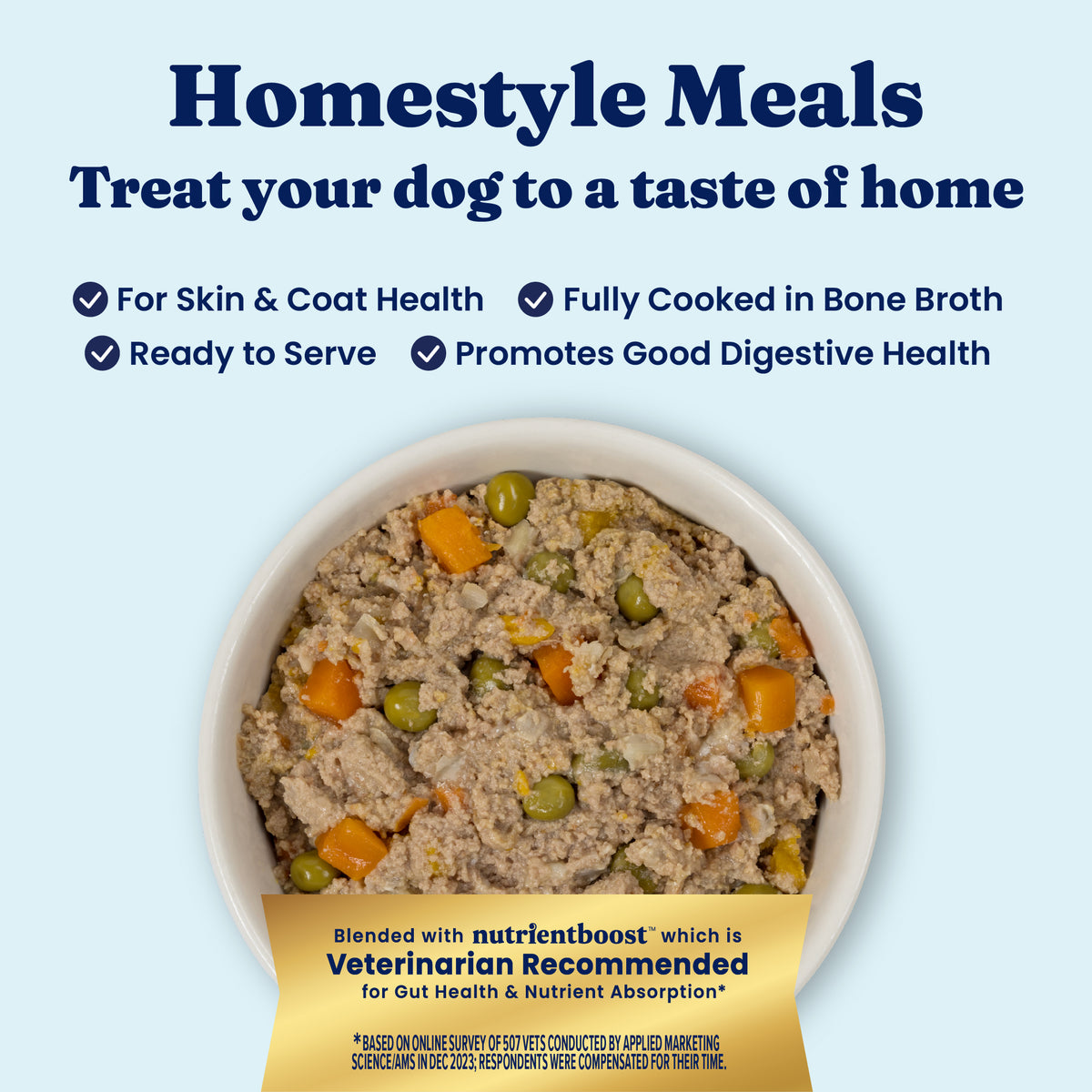 Wet dog food in a bowl, featuring a mixture of meat, peas, and orange and green vegetables.