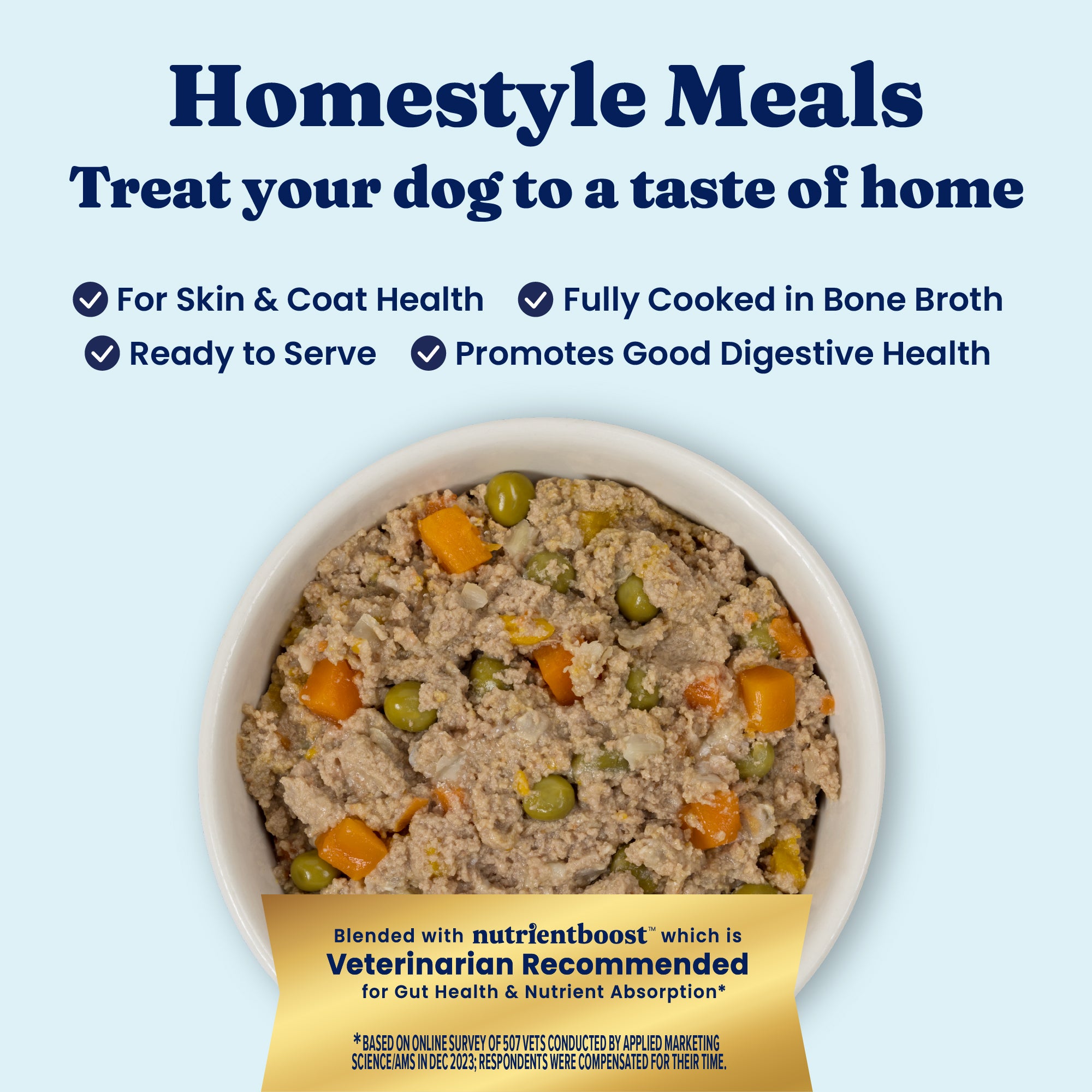 Wet dog food in a bowl, featuring a mixture of meat, peas, and orange and green vegetables.