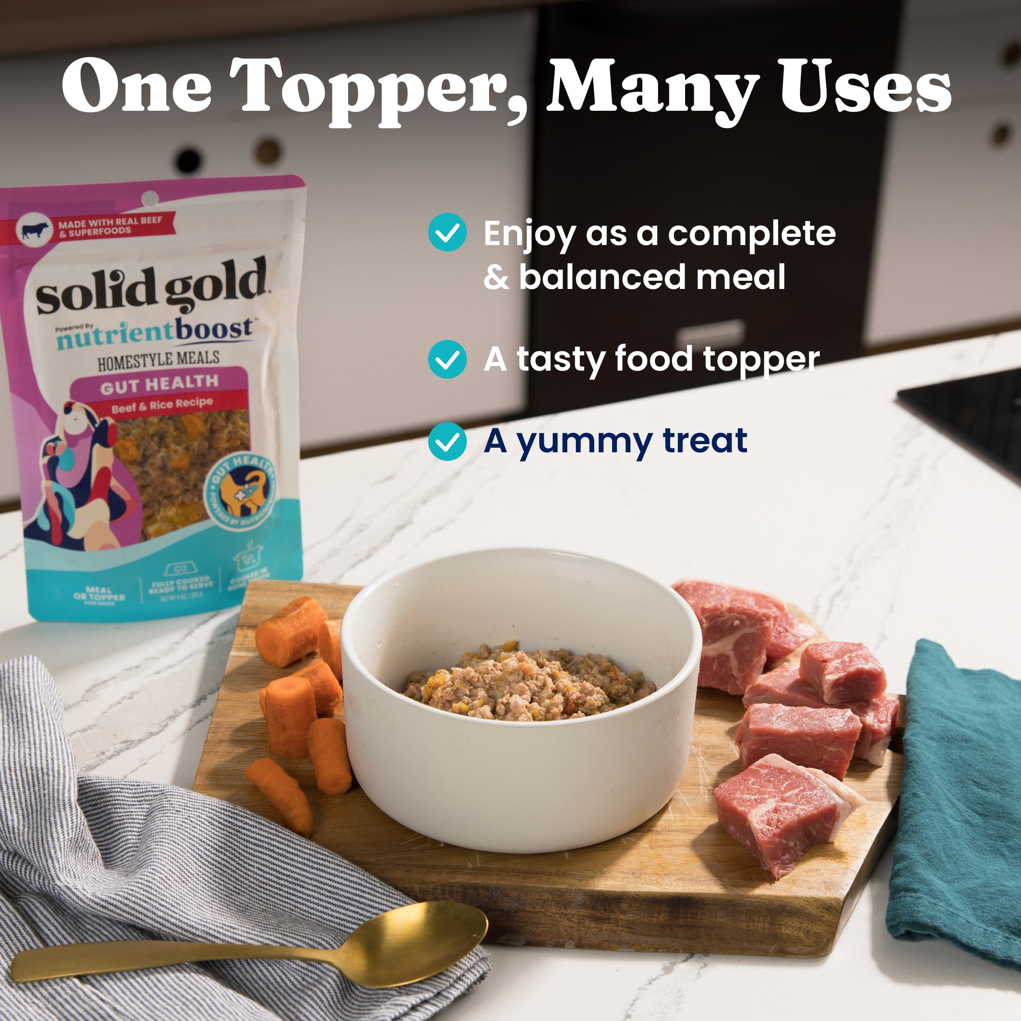 Wet dog food in a bowl with raw meat and carrots on a wooden cutting board, accompanied by a gold spoon.