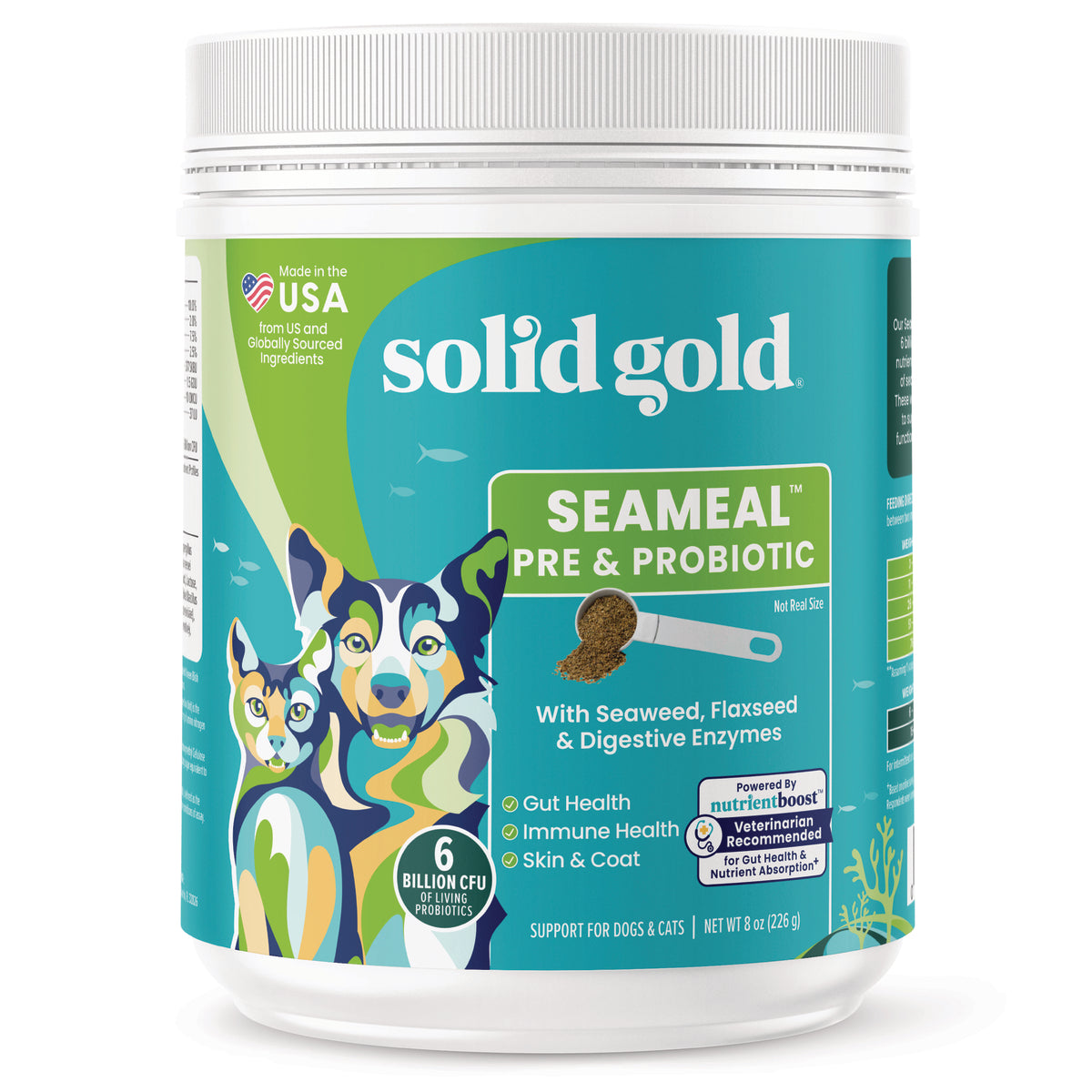 Container of Nutrientboost™ SeaMeal™ Pre & Probiotic Powder for dogs and cats, featuring illustrations of a dog and cat.