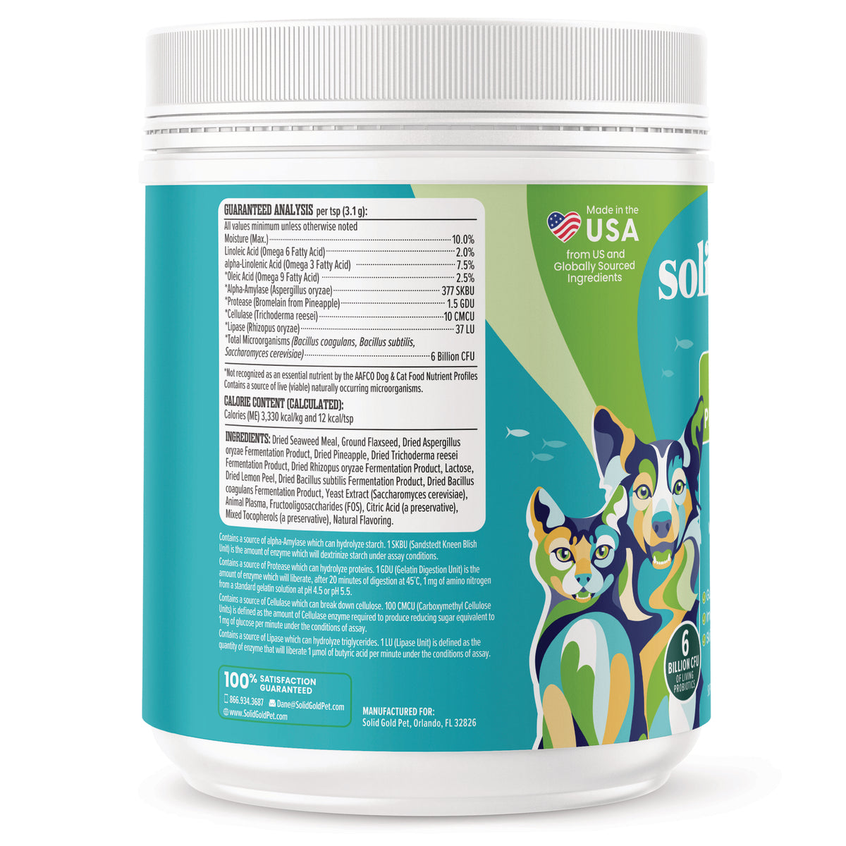 Container of pre and probiotic powder for dogs and cats, featuring nutritional information and ingredient list on the back.