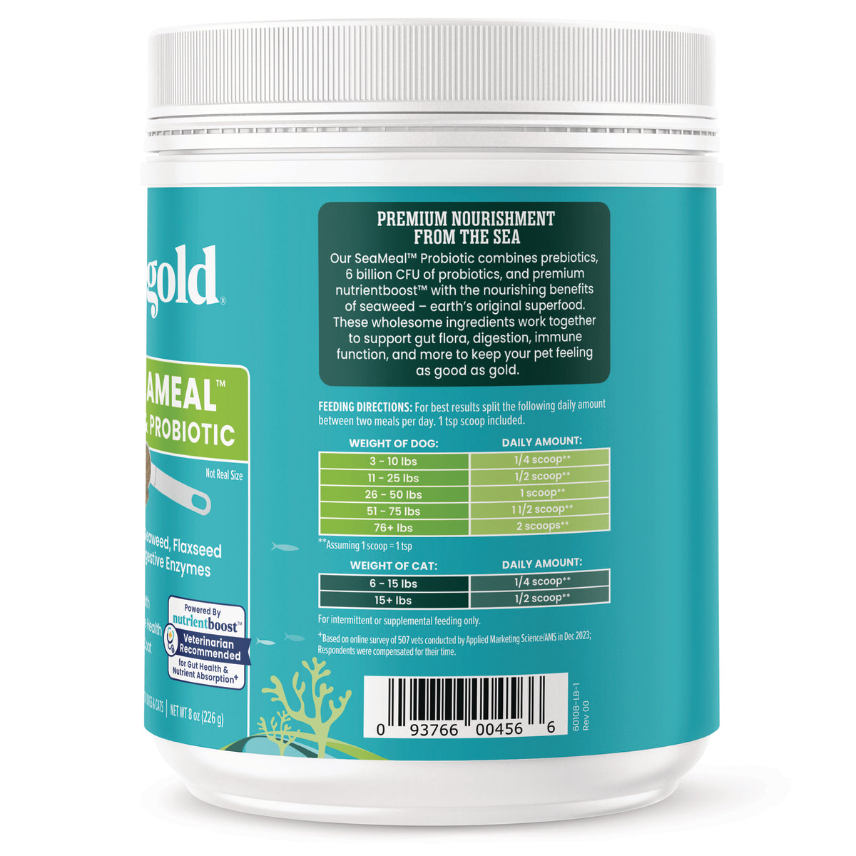 Container of SeaMeal Pre & Probiotic Powder for dogs and cats, with feeding directions and nutritional information on the lab