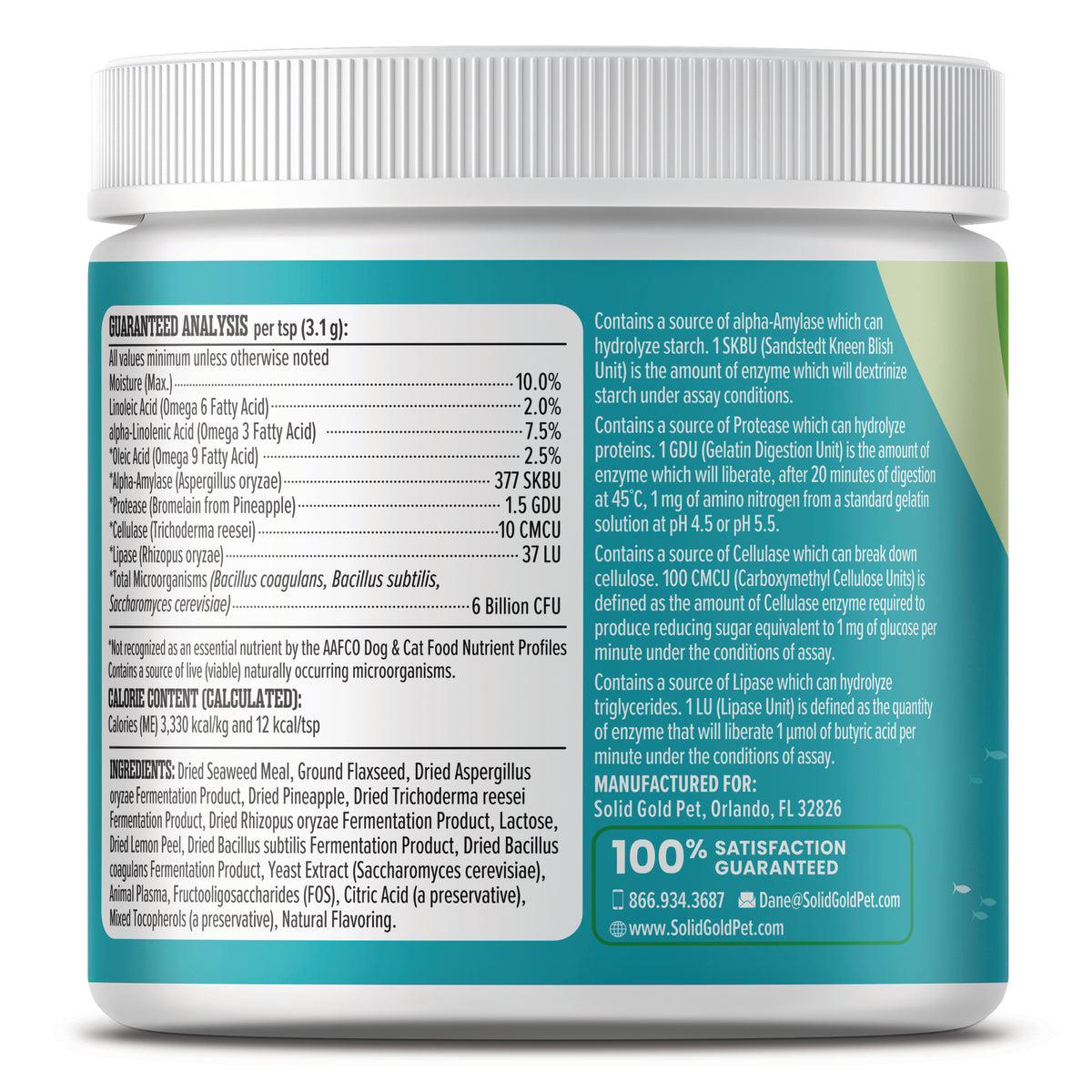 Container of pre and probiotic powder for dogs and cats with guaranteed analysis and ingredient list on the label.