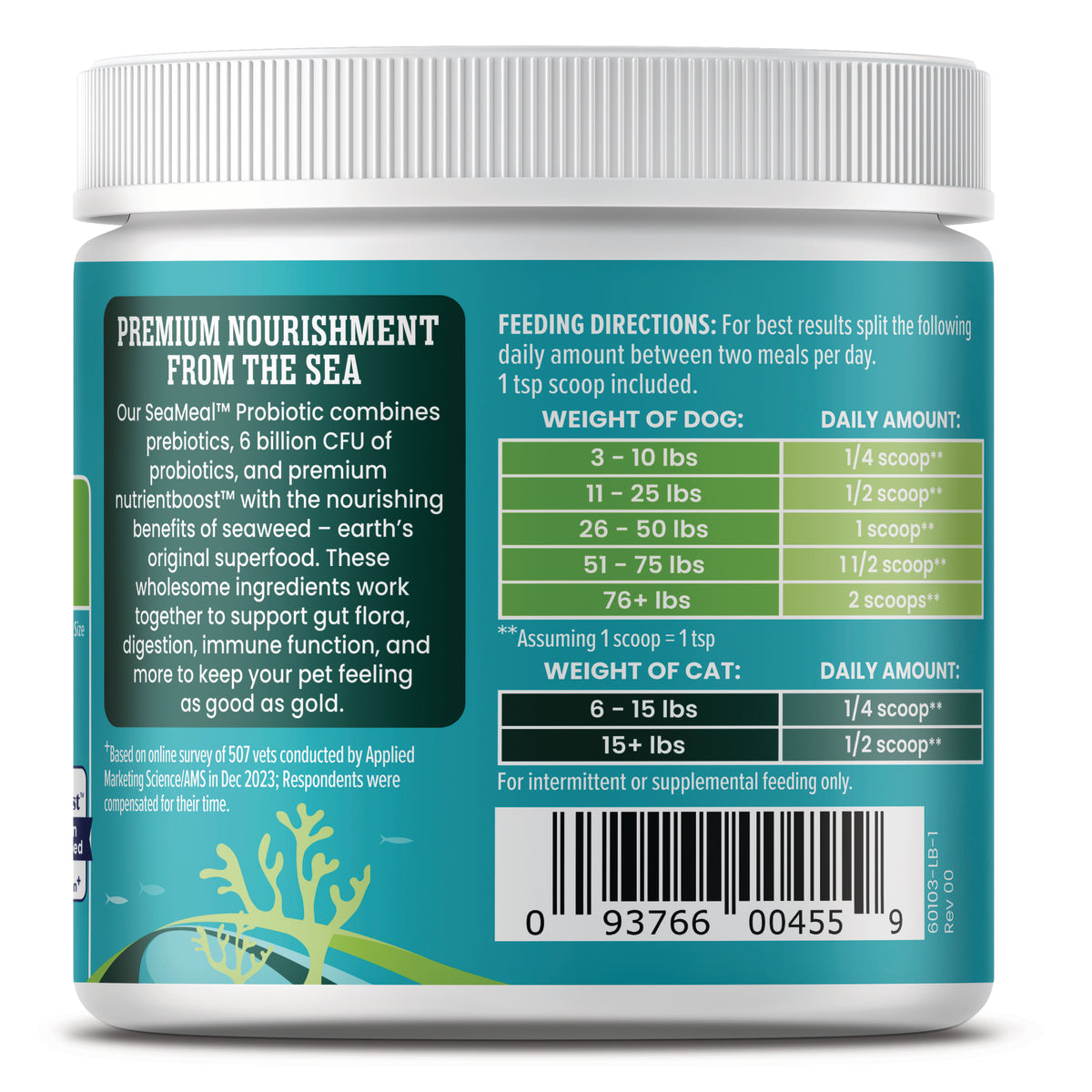 Container of Nutrientboost™ SeaMeal™ Pre & Probiotic Powder for dogs and cats with feeding directions and nutritional informa