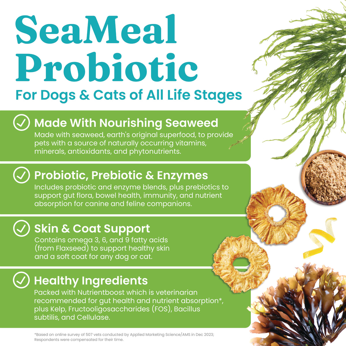 Informational graphic detailing benefits of SeaMeal Probiotic for dogs and cats, highlighting ingredients and health support.
