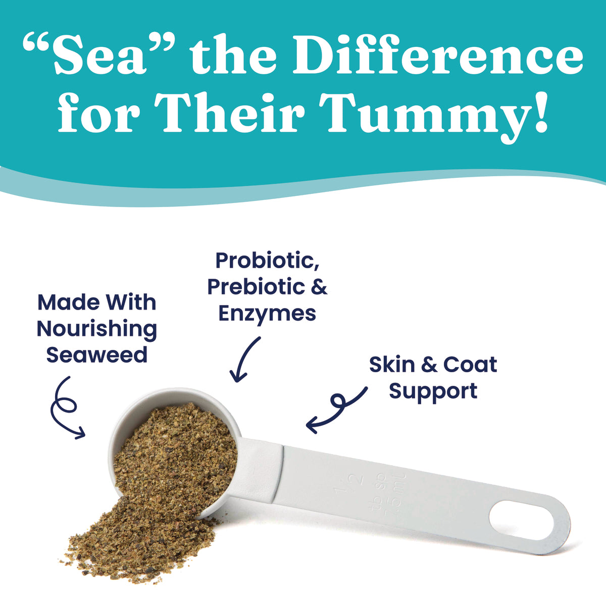 Scoop of brown powder with text highlighting benefits like probiotics, prebiotics, and skin support.