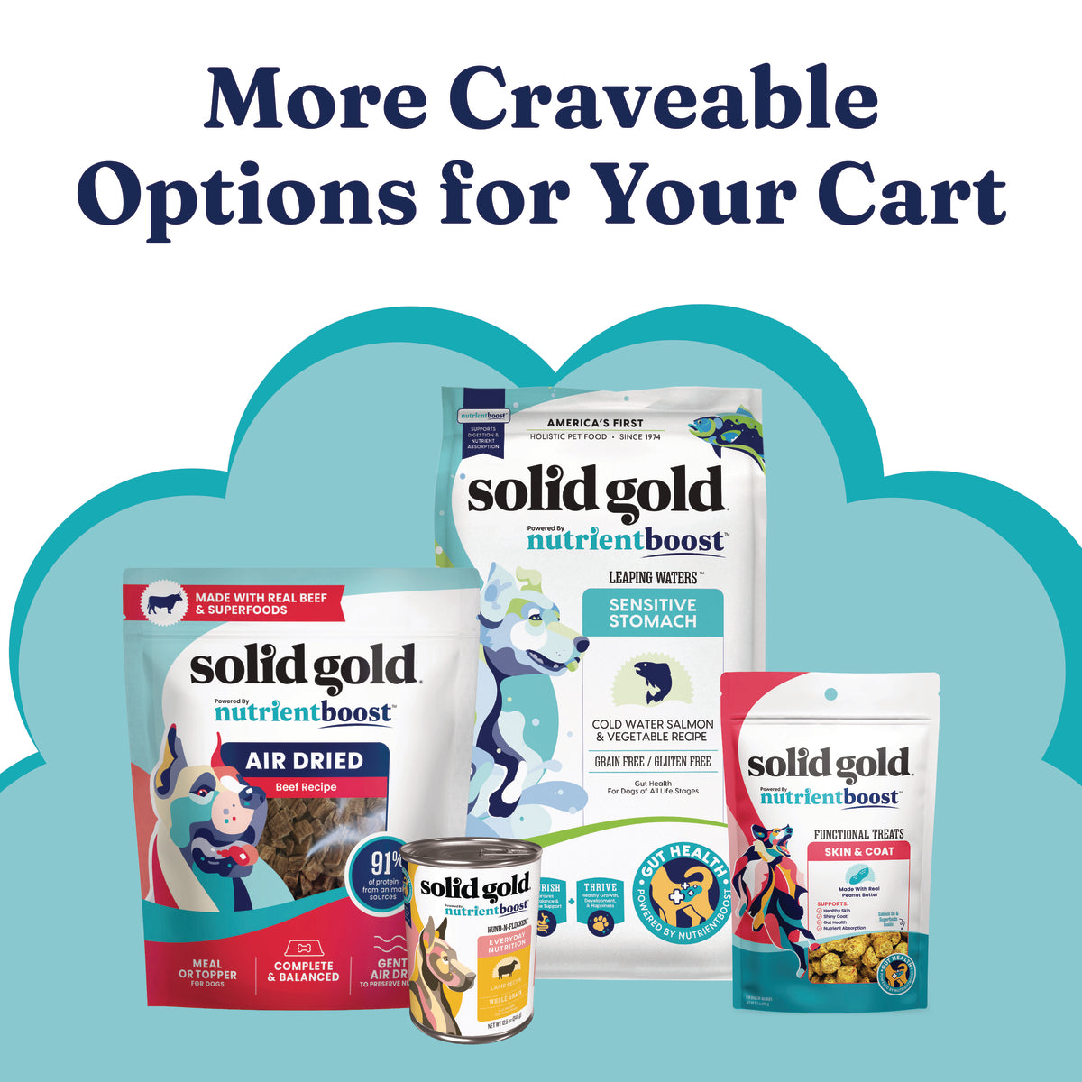 Various pet food products from Solid Gold Nutrientboost, including dry and wet options for dogs and cats.