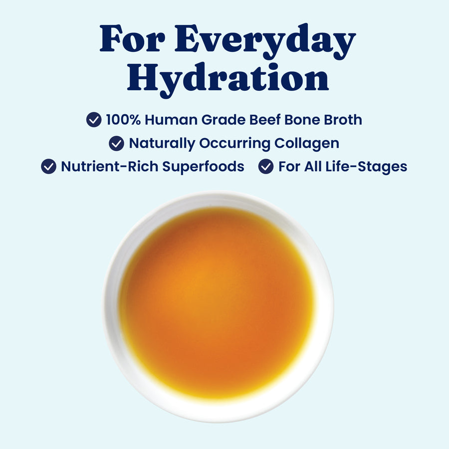 Bowl containing golden-brown beef bone broth on a light blue background with text highlights about hydration and nutrition.