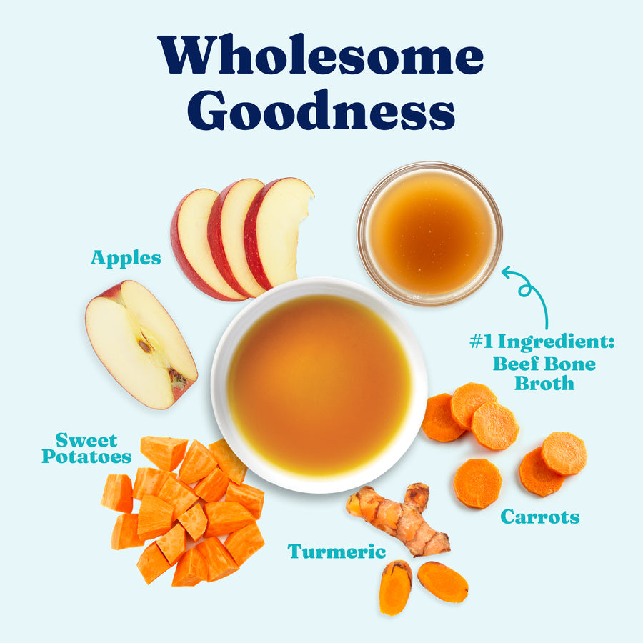 Ingredients include beef bone broth, apples, sweet potatoes, carrots, and turmeric arranged on a light background.