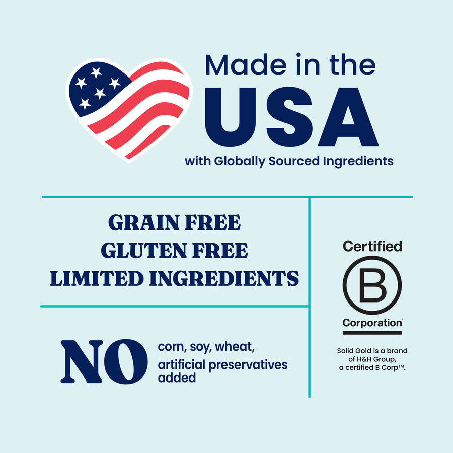 Label detailing product attributes including "Made in the USA," grain-free, gluten-free, and no artificial preservatives.