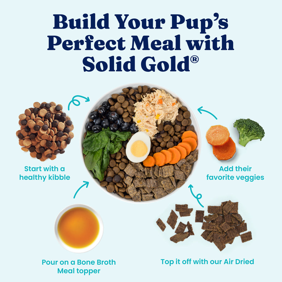 Bowl of dog food with kibble, vegetables, egg, and bone broth topper, with instructions for meal preparation.