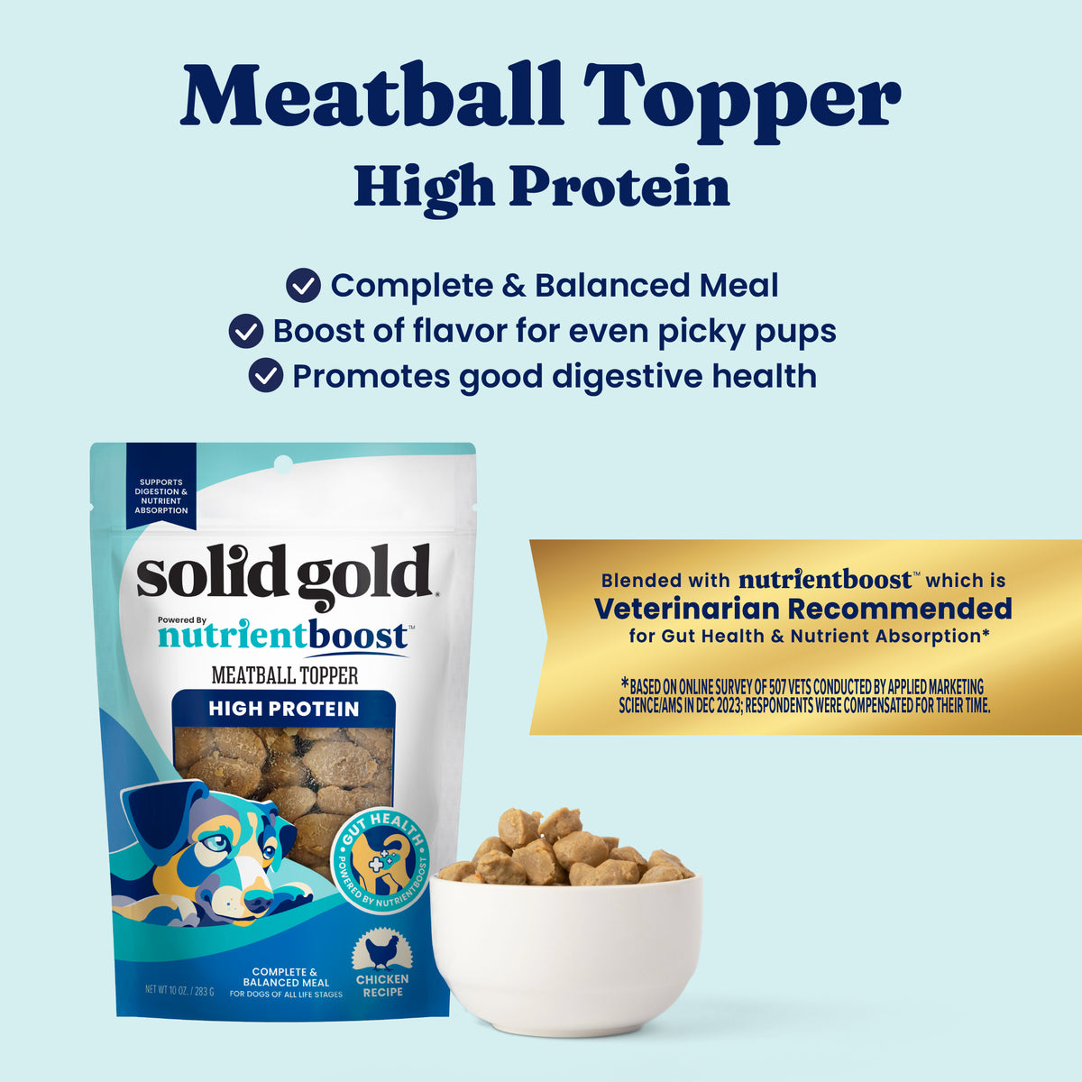 High-protein meatball topper for dogs in a resealable bag with a bowl of kibble beside it.