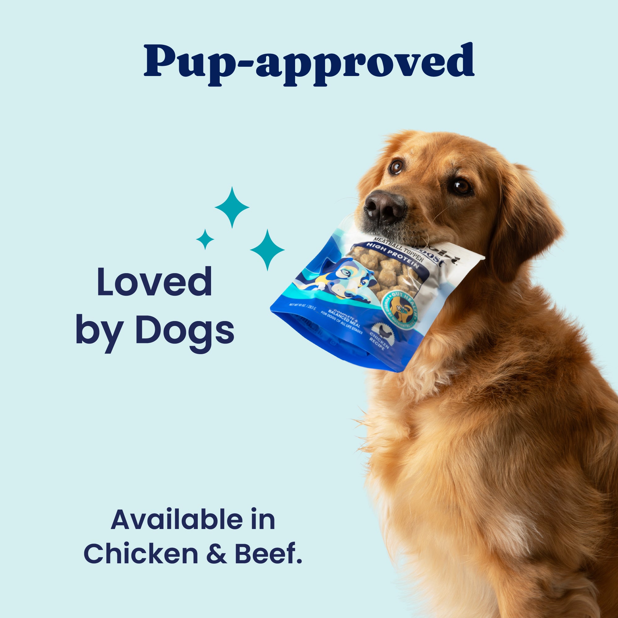 Golden retriever holding a package of dog meatball topper with a light blue background and text about the product.