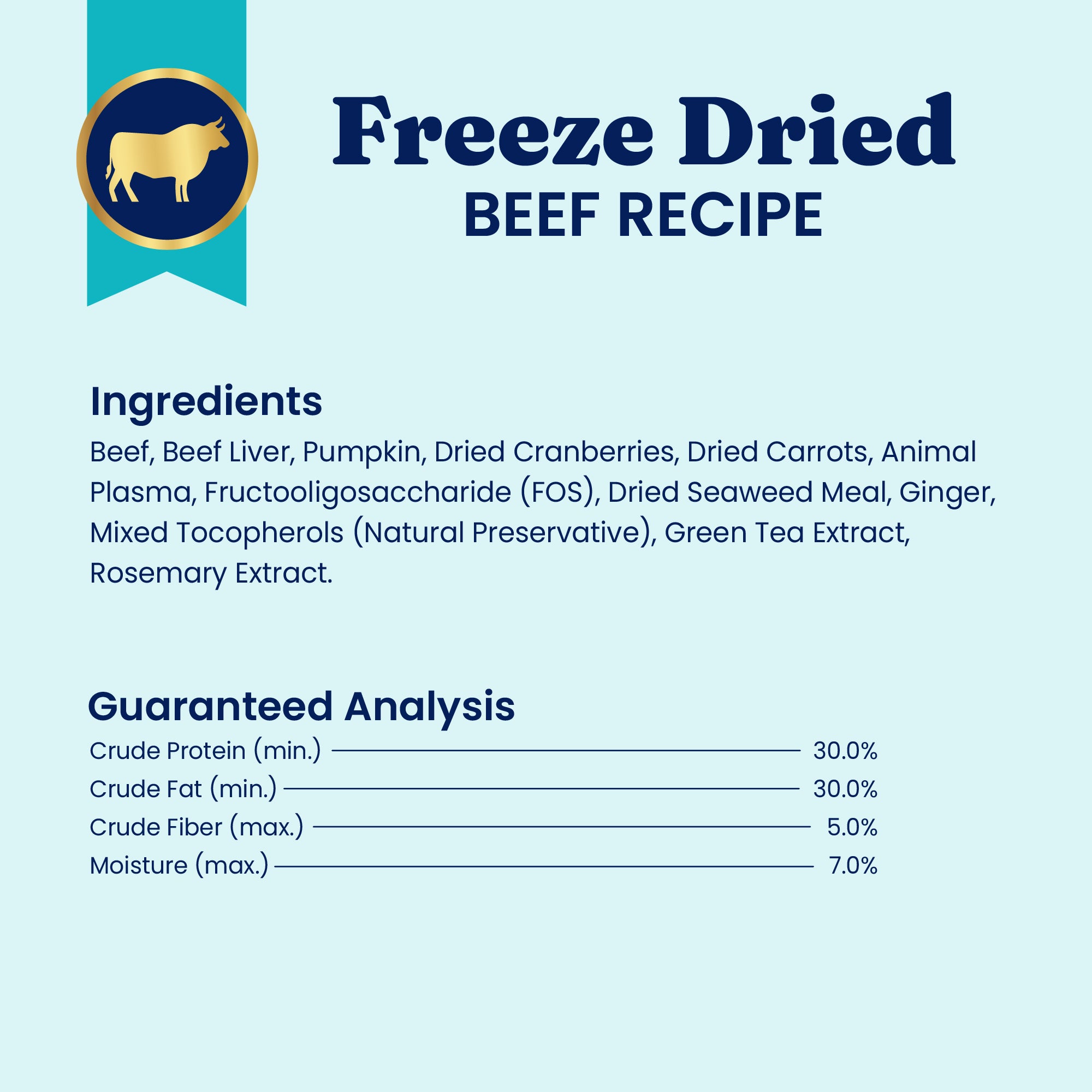 Freeze-dried beef recipe with ingredients like beef, pumpkin, cranberries, and guaranteed analysis for protein, fat, fiber, a