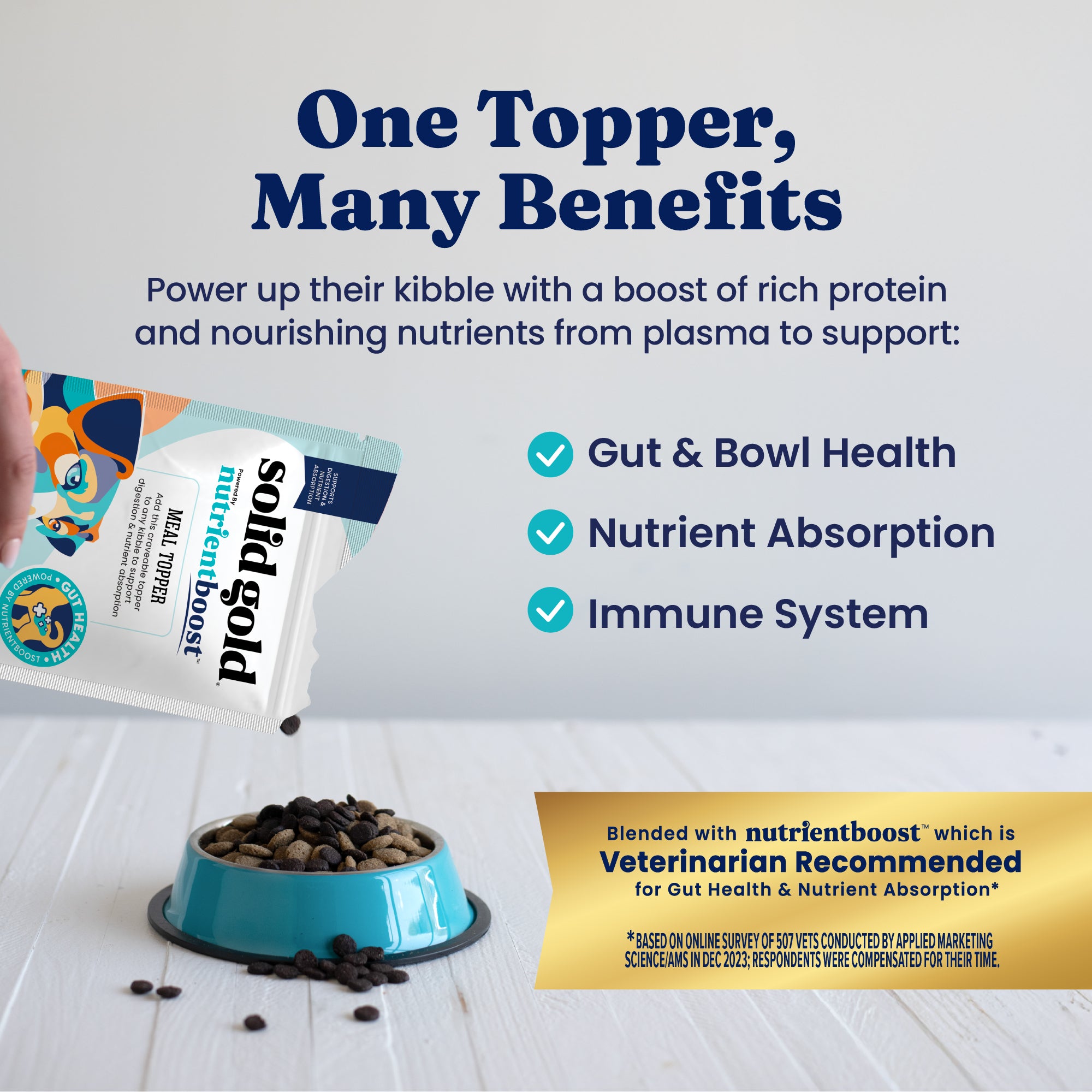 A hand pours a nutrient boost meal topper into a blue dog bowl filled with kibble on a wooden surface.