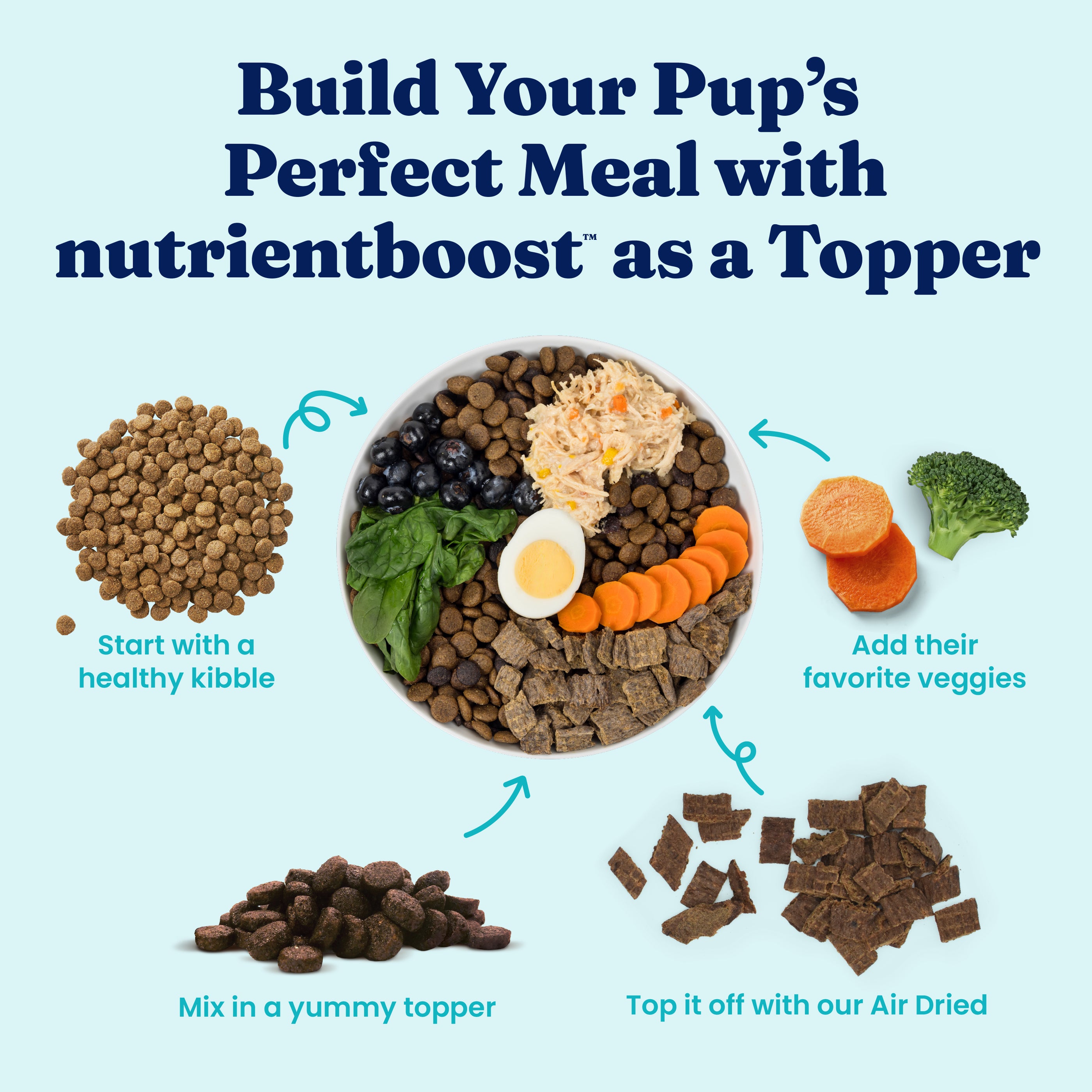Bowl of dog kibble topped with vegetables, egg, and a meal topper, with ingredients displayed around it.