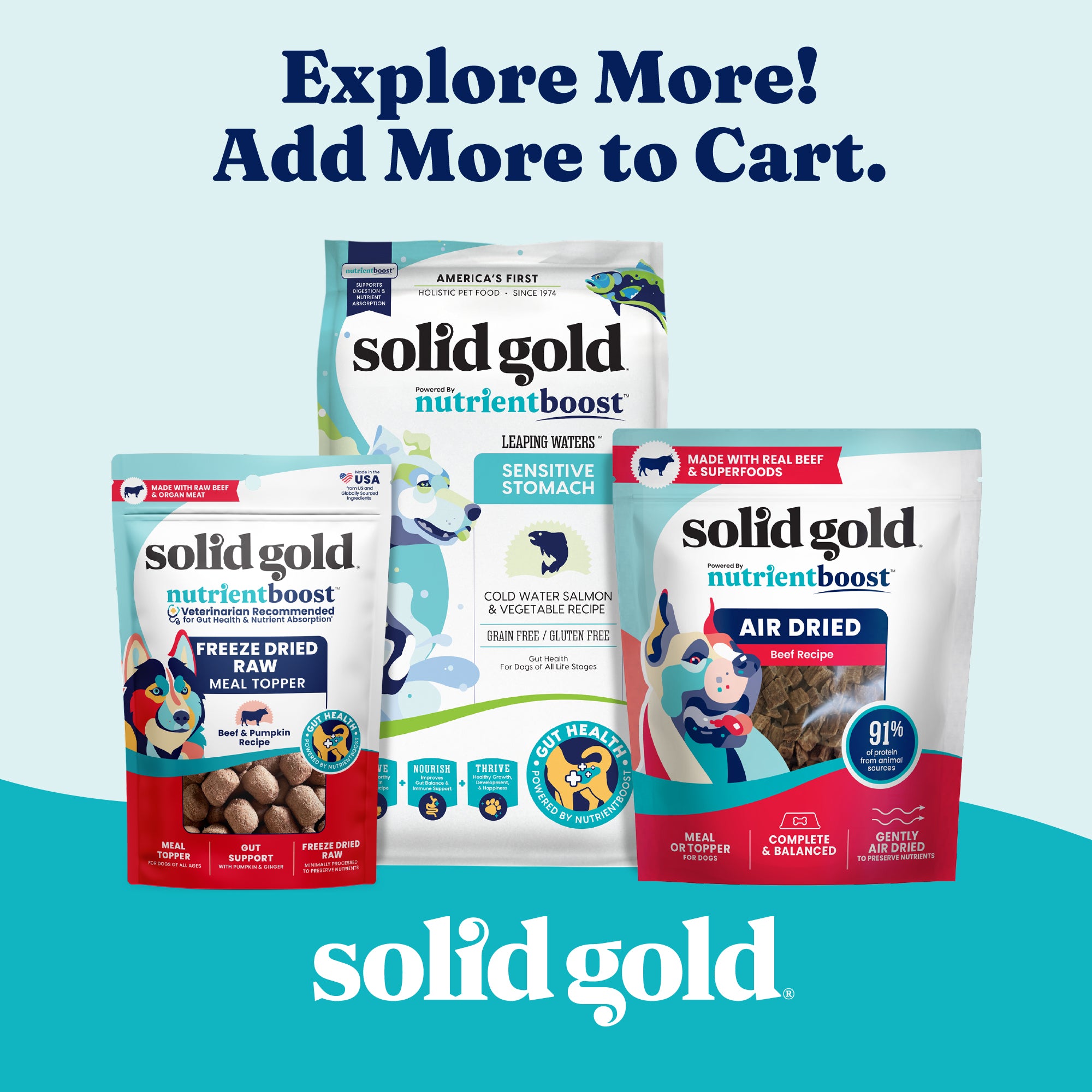 Three bags of Solid Gold Nutrientboost dog food products, including freeze-dried meal topper and air-dried beef recipe.