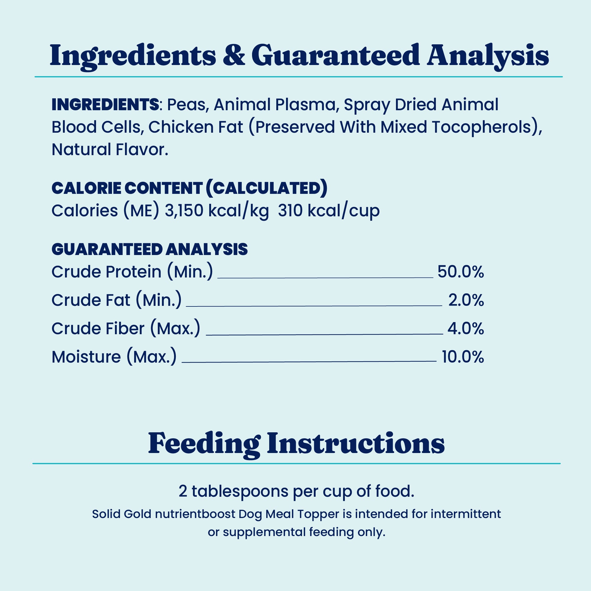Ingredients and guaranteed analysis for Nutrientboost™ Meal Topper for Dogs, including feeding instructions.