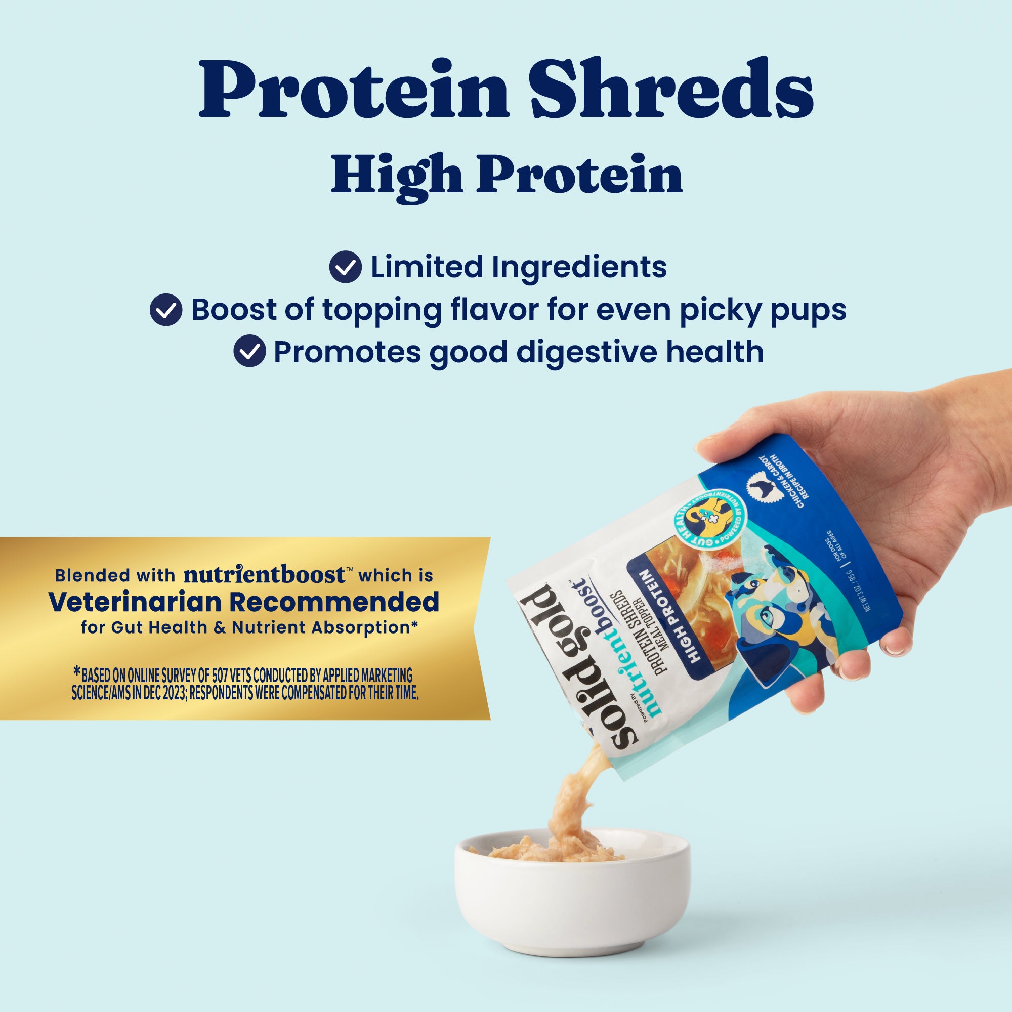 A hand pours protein shreds from a pouch into a white bowl on a light blue background.
