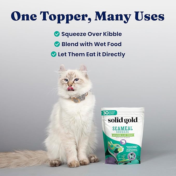 Cat sitting next to a Solid Gold Seameal Topper package with text on uses.