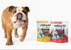 An English Bulldog stands on a clean white studio background next to two bags of Solid Gold dog treats. The treats are labeled Air Dried and feature a white, blue, and red color scheme with an illustration of a dog.